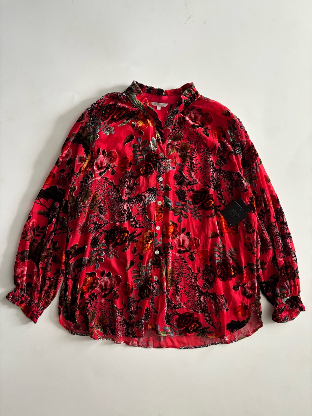 John Mark Nwt Red w/ Velvet Burnout Floral Button Front Blouse Top